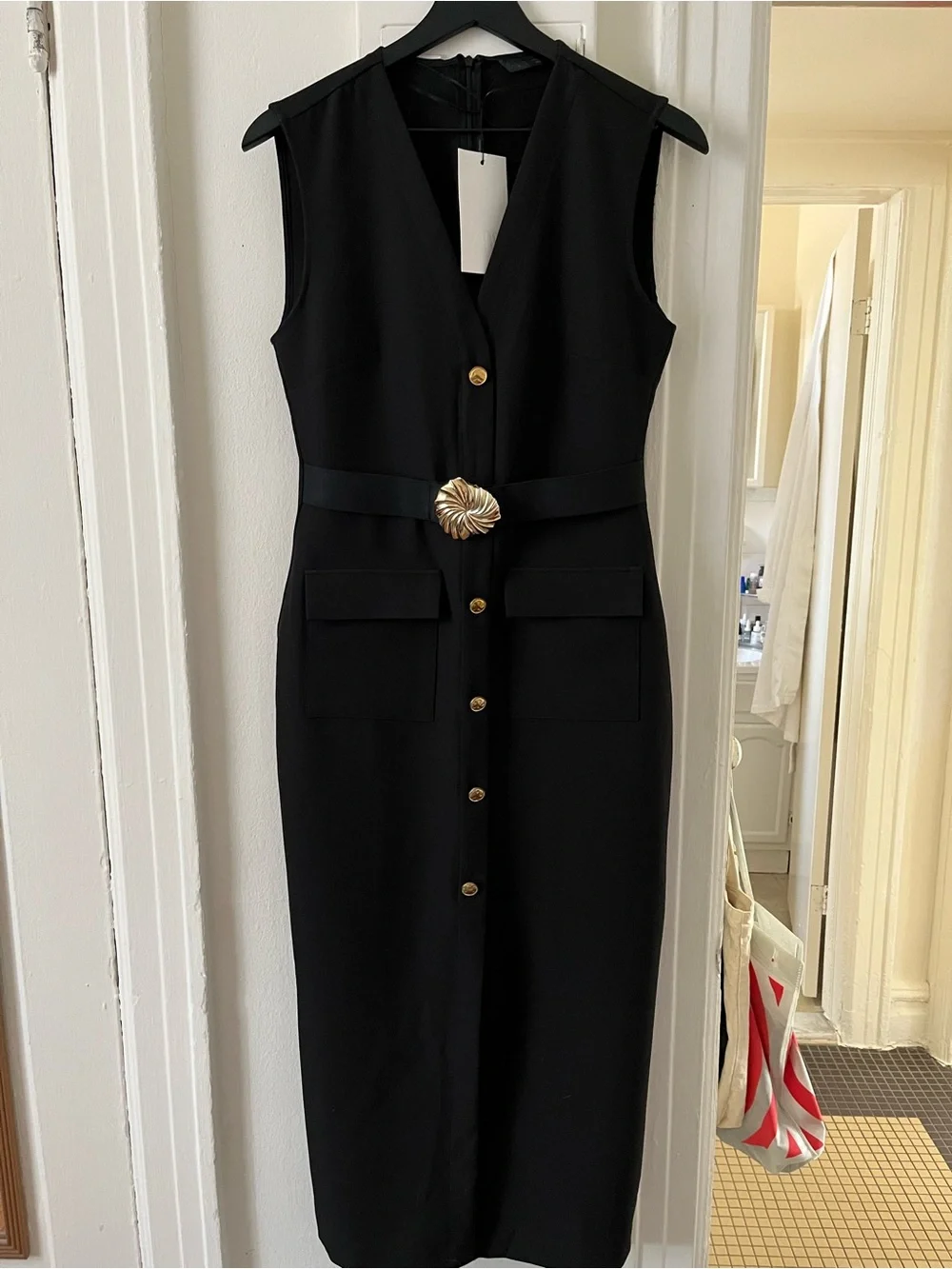 Zara Black Sleeveless Midi Dress with Gold Accent Buttons and Belt - Picture 3 of 6